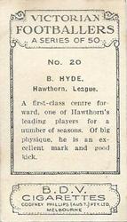 1933 Godfrey Phillips B.D.V. Victorian Footballers (A Series of 50) #20 Bert Hyde Back